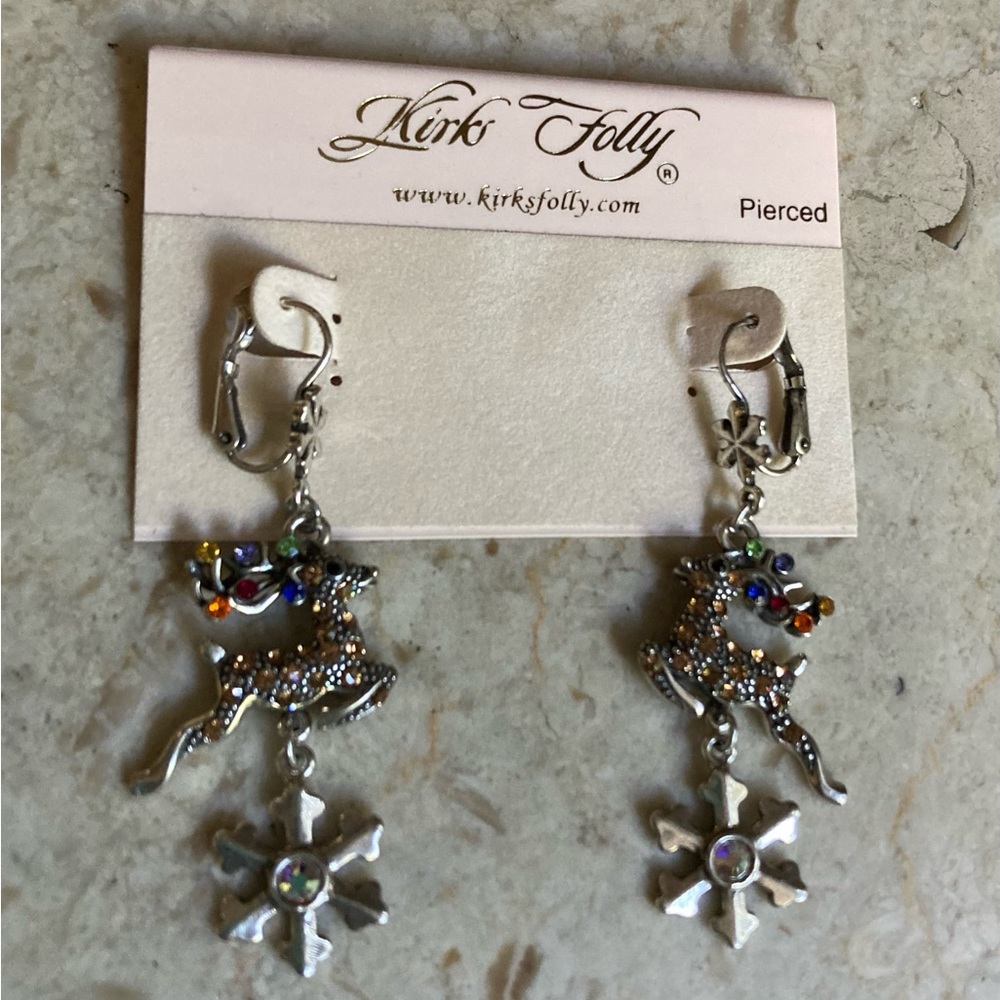 KIRKS FOLLY Rare Signed, Dangling Crystal Reindeer Earrings NIB!
